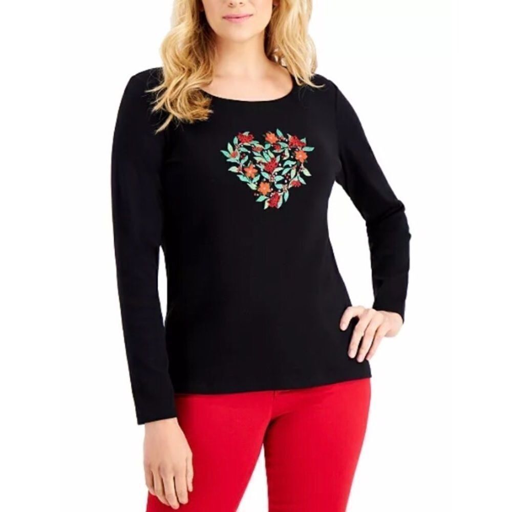 Karen Scott Cotton Sequined Flower Heart Graphic Top women’s size XL￼